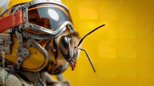 Honeybee wearing a vintage pilot helmet and goggles close-up