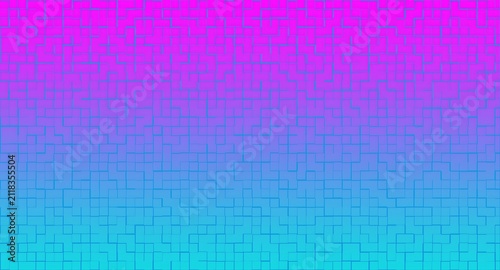 Abstract geometric pattern with a vibrant pink and blue gradient background featuring intersecting lines and square shapes