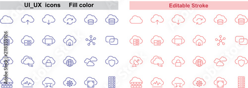 Cloud computing outline icons set. Digital network symbols for web and mobile interface design with editable stroke