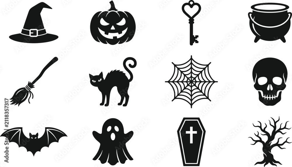 Naklejka premium Spooky Halloween Silhouette Icon Set featuring Witch Hat Pumpkin Cauldron Broom Black Cat Spiderweb Skull Bat Ghost Coffin and Creepy Tree Shapes