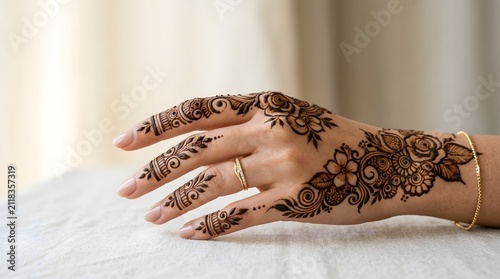 Decorative Henna Tattoo Hand with Gold Jewelry