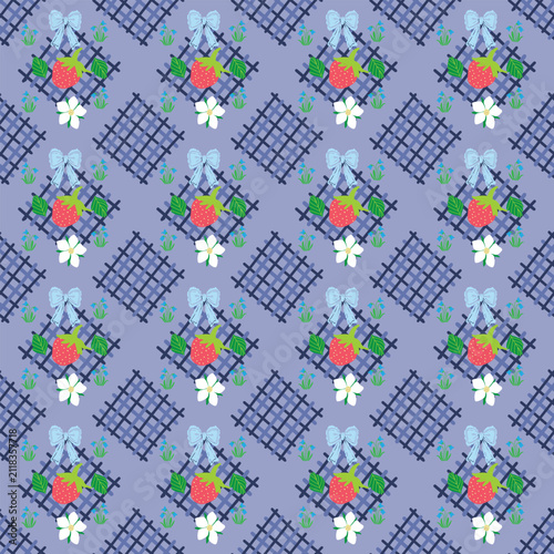 Vintage strawberry seamless pattern with ribbon bows, flowers, and lattice design. Perfect for fabric, wallpaper, apparel, and textile printing.