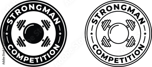 Фотография Strongman competition round emblem logo design with dumbbells and heavy weight b