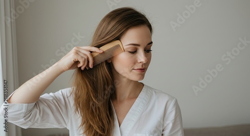 Woman combing hair indoors with natural light for lifestyle and beauty