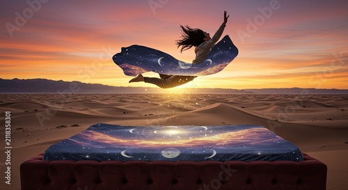 Woman floating above bed with starry cover in desert landscape at sunset