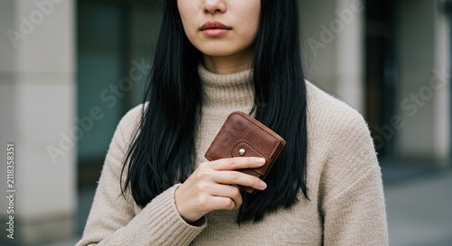Woman holding brown leather wallet in front of her chest