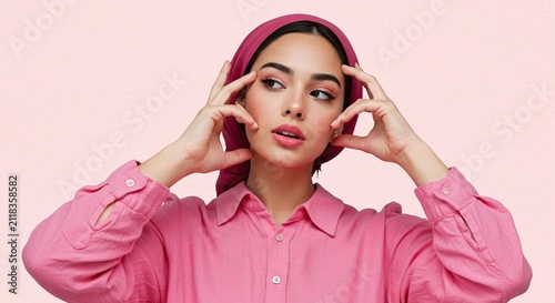 Woman in pink shirt and headscarf pondering with thoughtful expression