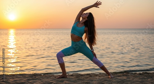 Woman practicing yoga pose on beach during sunset with ocean background