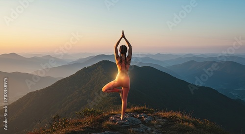 Woman practicing yoga pose on mountain peak at sunset outdoors