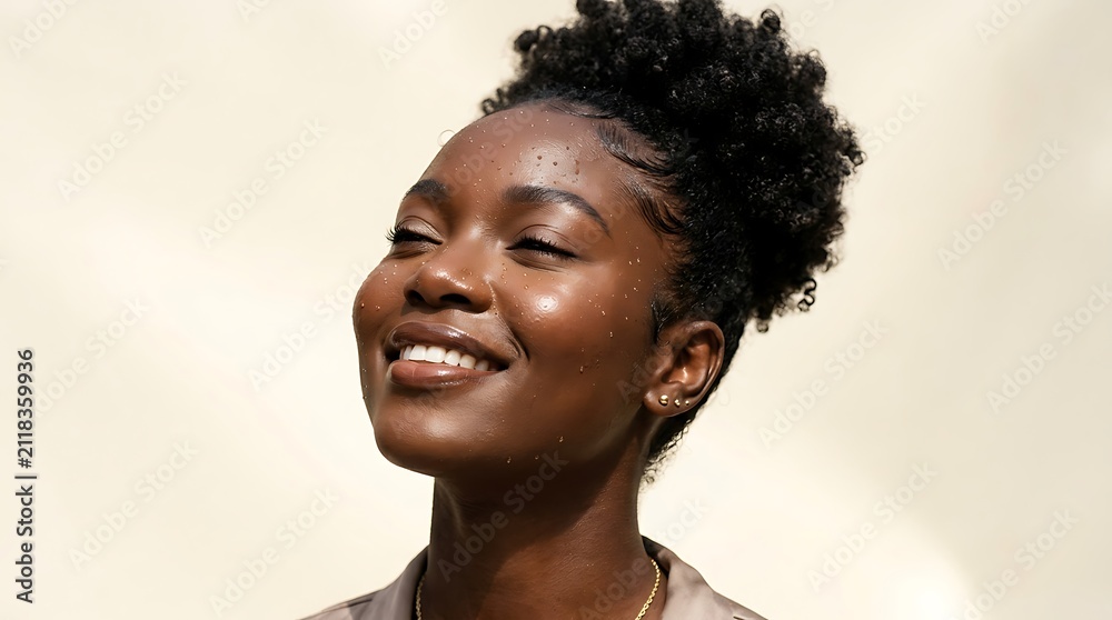 Fototapeta premium Young woman smiling with closed eyes and dewy glowing skin female person face smile nose lips hair ear earrings jewelry.