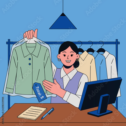 Clothing Store Sales Assistant Tagging Shirts in Fashion Retail Flat Vector Illustration