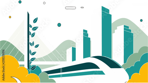Modern Smart City with High-Speed Train and Urban Skyline Flat Vector Illustration