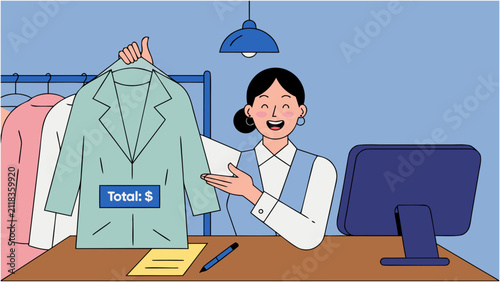 Clothing Store Sales Assistant Tagging Shirts in Fashion Retail Flat Vector Illustration