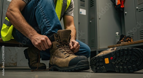 Worker kneeling and tying boots in locker room preparing for shift