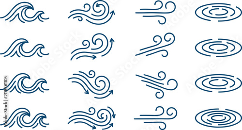 Stylized wave, wind, and whirlpool line icons
