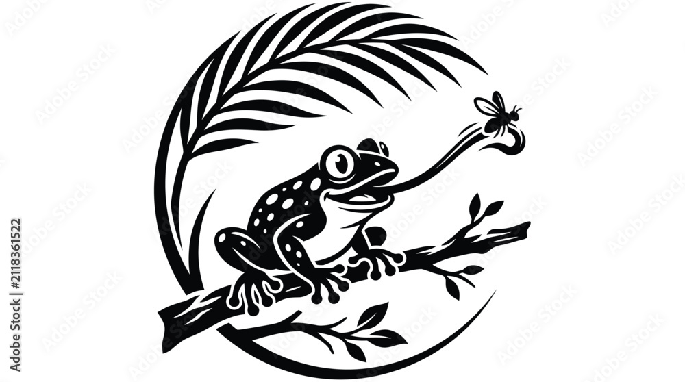 Fototapeta premium Black and white vector illustration of a spotted frog catching a flying insect with tongue