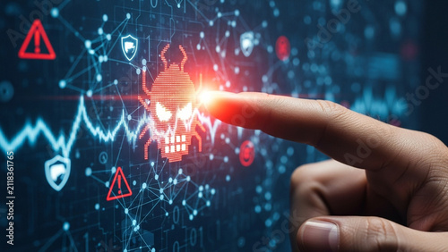 Finger pointing at a glowing malware bug icon on a digital cybersecurity data interface