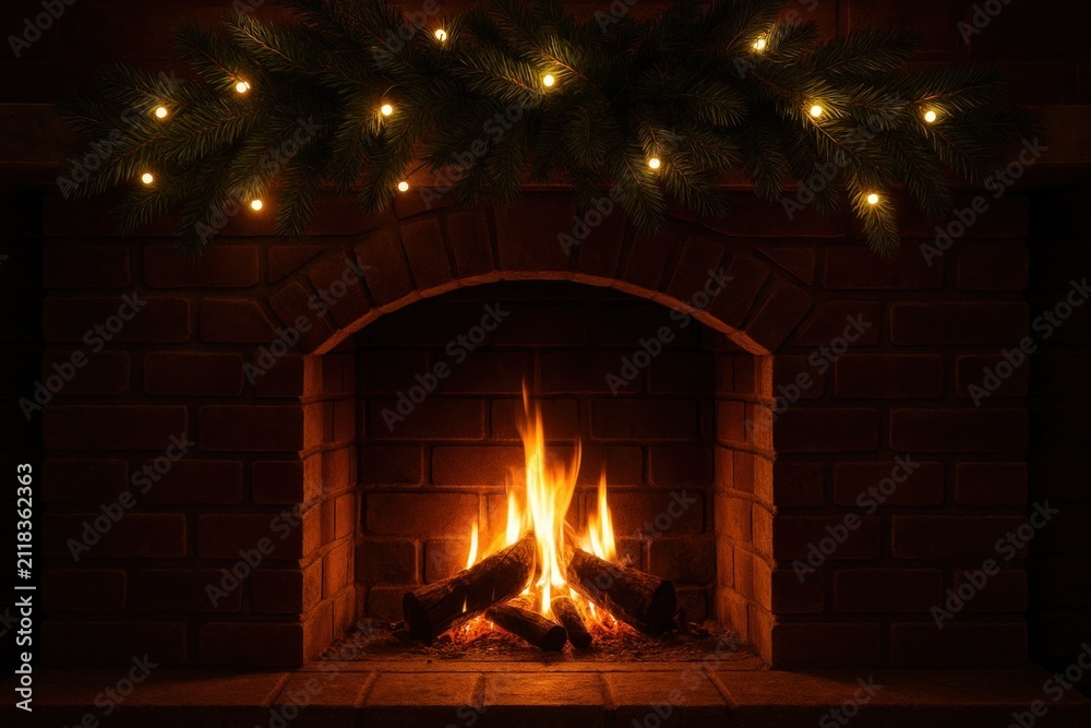 Naklejka premium Cozy fireplace with festive lights.