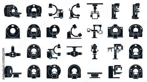 Medical imaging and radiology equipment vector icon set, MRI scanner, CT scan, X-ray machine, C-arm, tomography, ultrasound, hospital diagnostic and healthcare symbols, black glyph icons