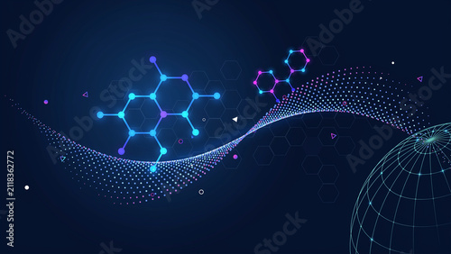 Abstract science background, with glowing blue, chemical molecular structures, a digital particle, wave, and a, wireframe globe on, dark blue