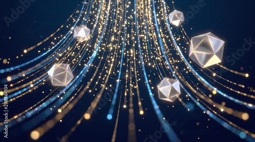 Abstract Digital Background with Floating Geometric Icosahedrons and Golden Light Trails for Tech Presentation