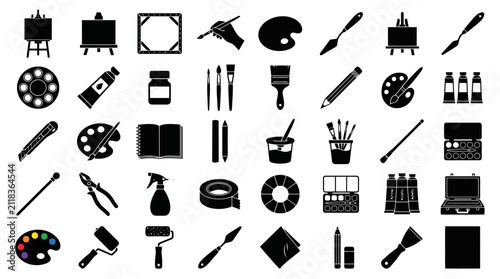 Art and painting vector icon set, artist tools, easel, paint brush, palette, tube, knife, canvas, watercolor, drawing and creative craft workshop symbols, black glyph icons