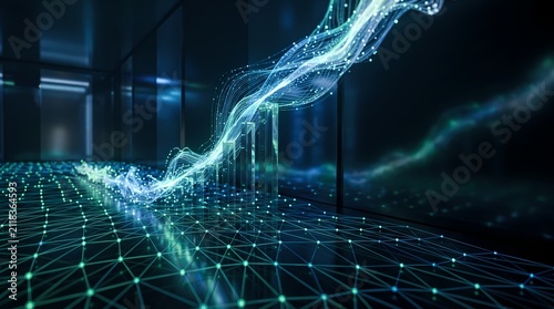 Futuristic Digital Data Stream Flowing Through a Complex Cybernetic Network Grid Representing Advanced Artificial Intelligence Connectivity