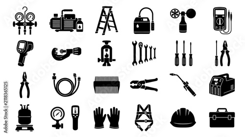 HVAC repair and maintenance vector icon set, air conditioning installation tools, manifold gauge, vacuum pump, thermometer, wrenches, safety equipment, service technician symbols, black glyph icons