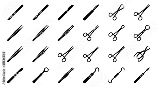 Surgical instruments vector icon set, medical tools, scalpels, forceps, tweezers, surgical scissors, operation equipment, healthcare and hospital symbols, black glyph and outline icons