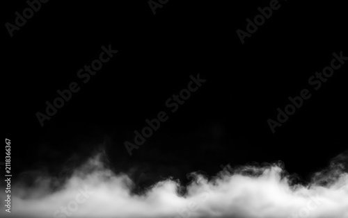 Dense white smoke clouds hovering at bottom edge isolated on pitch black background for cinematic overlay effects capturing gaseous vapor rising from ground in dark moody environment.