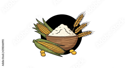Quadro su tela Wooden bowl of flour with fresh corn and wheat stalks