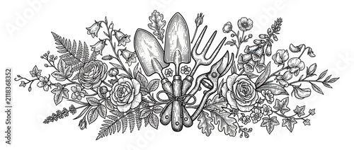 Foto Vintage Gardening Tools and Floral Arrangement Sketch