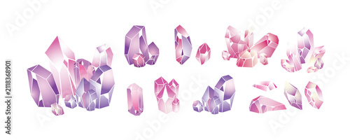 Bild auf Leinwand Magic crystals and purple amethyst gems with pink rose quartz minerals