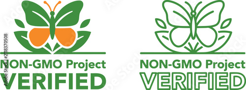 Fotografía Non gmo project verified food label icon with butterfly and leaf graphics