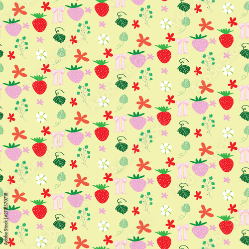 Cute Strawberry Floral Seamless Pattern with Wildflowers and Leaves