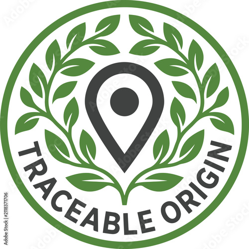 Obraz na płótnie Traceable origin logo with green leaves and location pin icon for eco friendly p