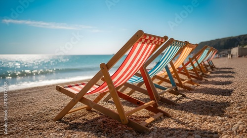 Colorful deckchairs lined up on a sunny beach during the relaxing summer bank holiday weekend in england