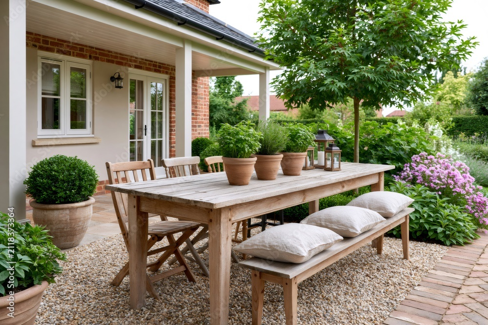 Fototapeta premium Outdoor dining area with rustic wooden table and herb pots