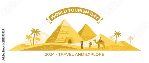 Desert Pyramids and Travelers Illustration for World Tourism Day