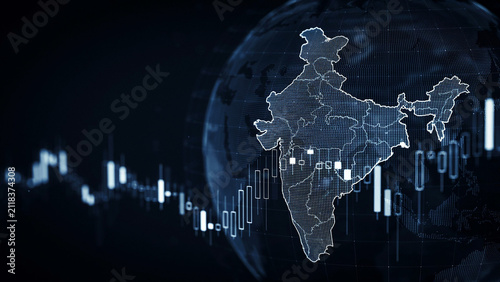 Digital map of india overlaid on a dark blue globe with glowing white financial candlestick stock market charts and data trends
