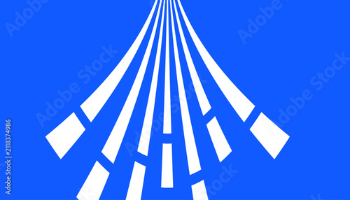 A minimalist graphic design featuring white geometric shapes arranged in a converging pattern against a solid vibrant blue background creating a perspective effect