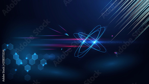 Glowing blue orbital rings and hexagonal grid patterns on a dark background, with light streaks, and motion blur effects