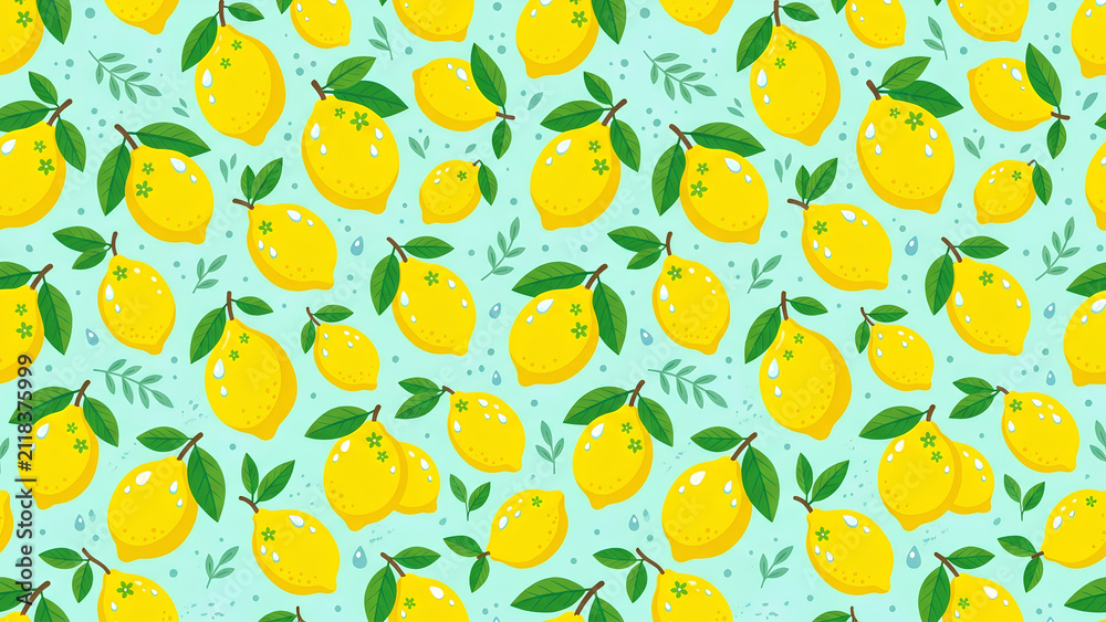 Seamless pattern with fresh yellow lemons and green leaves on light blue background.