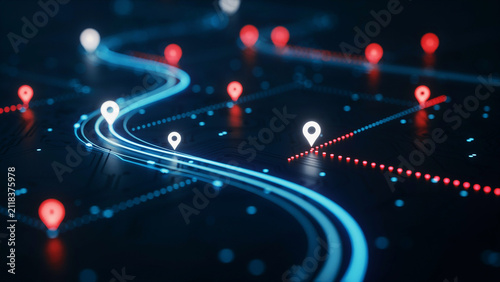 Futuristic digital map with glowing blue light trails, red dotted lines, and white location pin on a dark, textured background