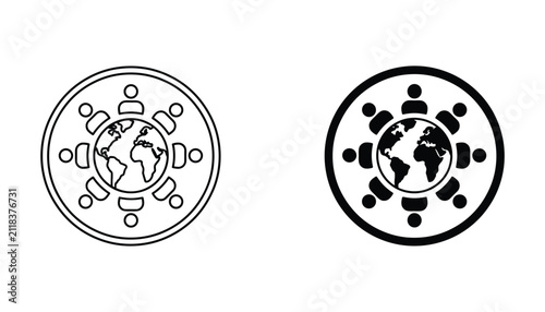 Foto Global business meeting icon set featuring people sitting around a world map in