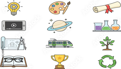 Obraz na płótnie Comprehensive School Subjects and STEM Education Vector Icon Set Featuring Scien