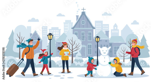 A family enjoying winter activities in a snowy town square, building a snowman and preparing for a trip, with buildings and trees in the background.