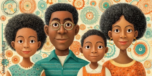 Cartoon family celebrates black history month sharing stories and symbols in a vibrant home environment