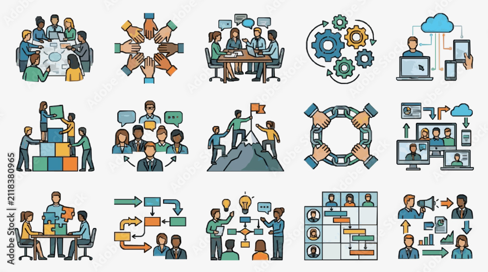 Fototapeta premium Industrial of Modern Business Collaboration and Digital Workflow Concepts with Diverse Teams with high quality professional line art symbols for modern creative design and digital branding projects