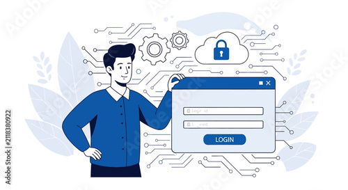 Software developer managing secure user login portal interface with cloud storage and encryption technology for safe online data access and authentication.